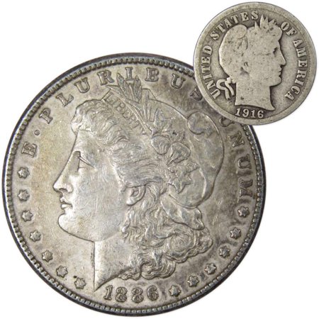 1886 Morgan Dollar XF EF Extremely Fine 90% Silver with 1916 Barber Dime G Good