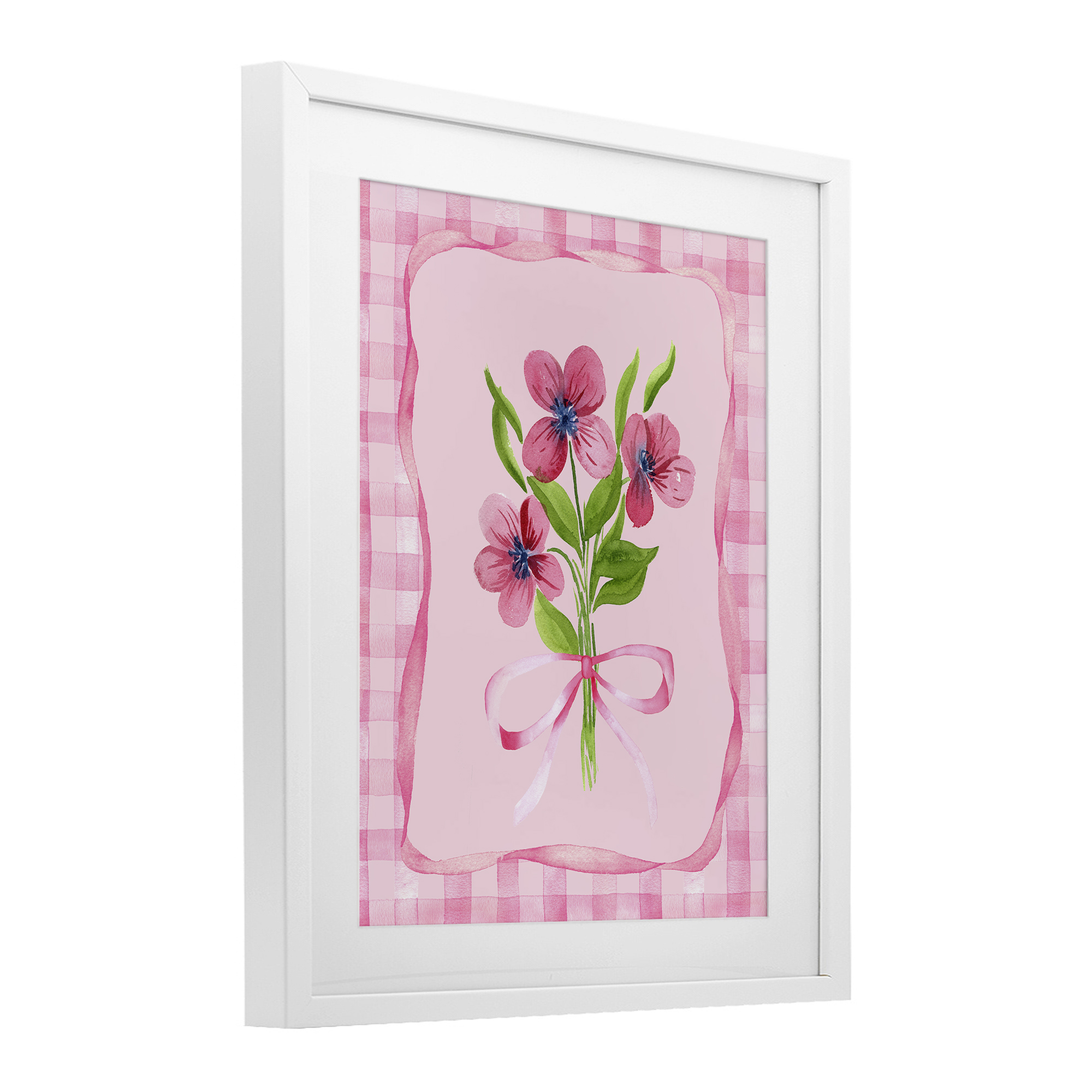 Pink Bordered Flower Bundle White Framed Print Under Glass, design by Nina Jacobs
