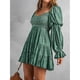 thumbnail image 3 of Vestido de línea con hombros descubiertos, cuello en V, manga larga, cintura, vestido estampado plisado adelgazante para mujer, verde S, 3 of 6