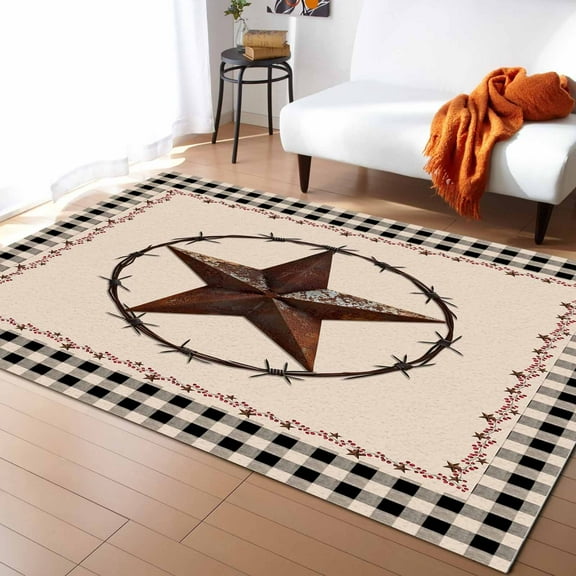 Area Rugs Indoor Non-Slip Rectangle Rug 2.7x5 Ft American Country Star Farmhouse Beige Black Buffalo Plaid Rug Rubber Backing Floor Mats Non Shedding Home Decor Carpet for Entryway Living Room