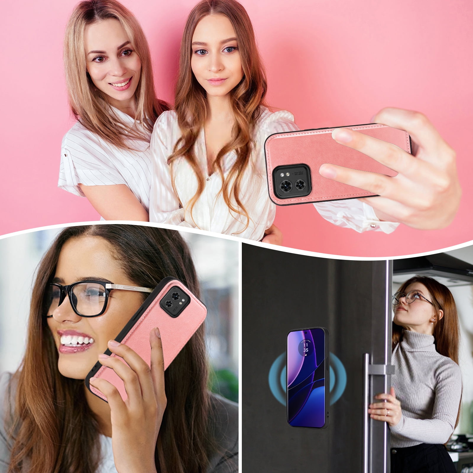 Asuwish Detachable Magnetic Zipper Wallet Phone Case with Flower Pattern and Screen Protector for Motorola Moto Edge 2023/Edge 40, Rose Gold