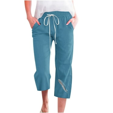 qILAKOG Casual Loose Pants Comfy Cropped Work Pants Active Women's Fashion Lightweight Stretch Woven Body Skimming Soft Drawstring Capri Yoga Pant Sweatpants Causal Lounge Pants with Pockets Blue