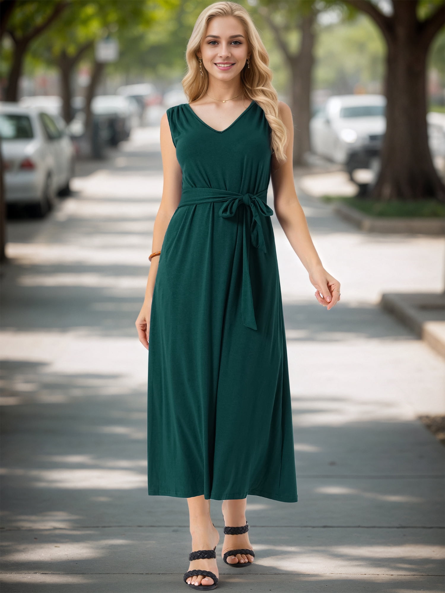DARING DIVA Maxi Sleeveless V Neck Tie Waist Casual Long Dress XL Dark Green