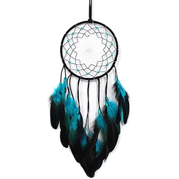 Bonito atrapasueños, decoración de pared con atrapasueños, atrapasueños hecho a mano en tono oscuro con plumas negras y turquesas para dormitorio, habitación de niños, bebés, adolescentes, regalos de Namotu CZJJ-ST186
