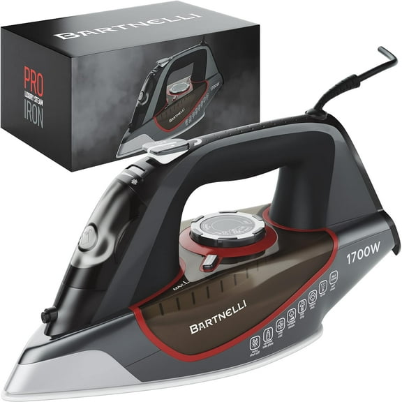 Bartnelli 1700W Pro Luxury Steam Iron for Clothes with Non Stick Ceramic Soleplate, Red