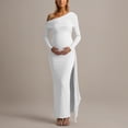 thumbnail image 2 of Unir Women's Maternity 490g Stretch Spandex Maxi Dress, French Style Off-the-Shoulder Long Sleeve Slim Fit Split Hem British Style Summer Pregnancy Dress, 1pc, S/M/L, 2 of 6