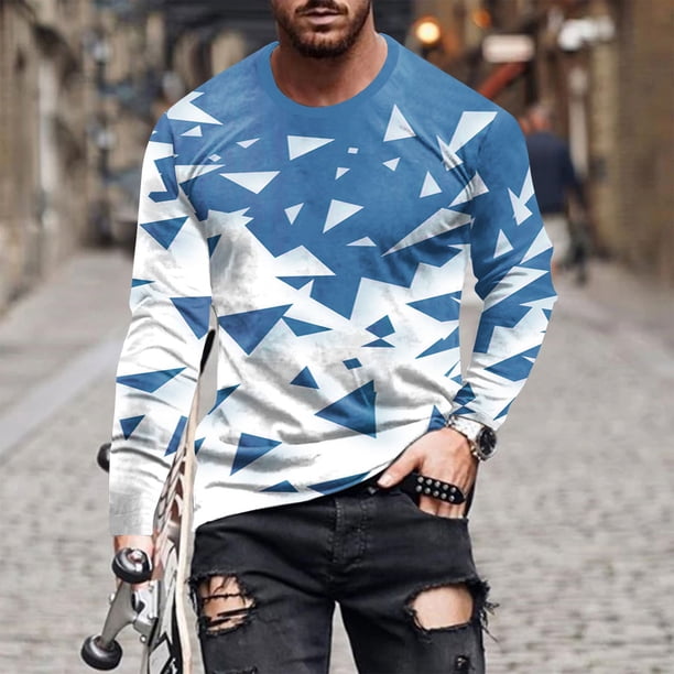 Blusas y camisas de manga larga con cuello redondo para hombre, blusa informal de manga larga con cuello redondo y estampado de rayas, blusa de poliéster para hombre