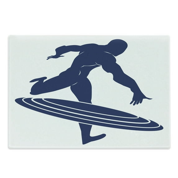 Superhero Cutting Board, Muscle Man Hero Throws His Frisbee Muscular Silhouette Disc Sports Theme, Decorative Tempered Glass Cutting and Serving Board, Large Size, White Navy Blue, by Ambesonne