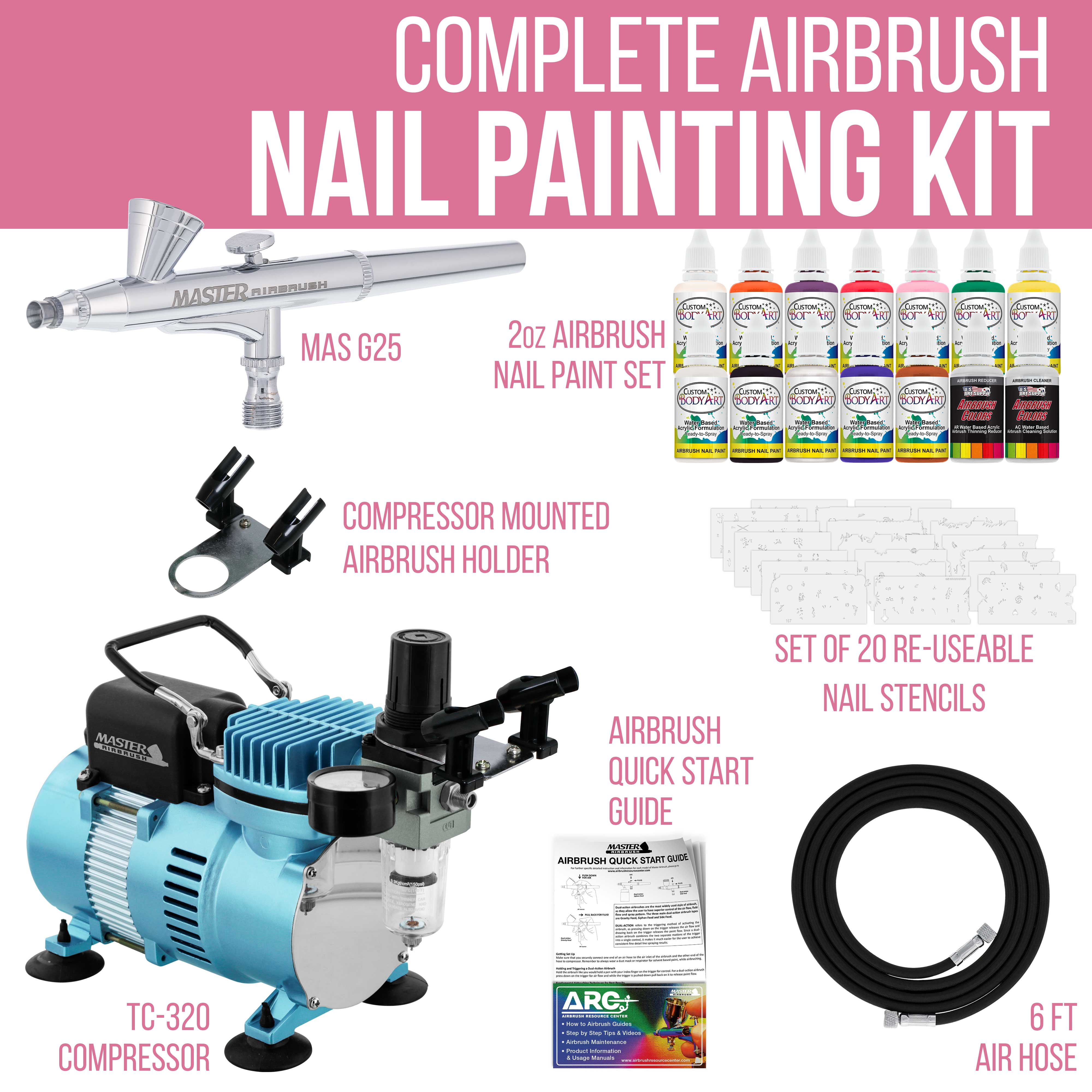  Master Airbrush Brand Finger Nail Decorating System. 2  Airbrushes, Air Compressor, Stencil Set of Over 100 Designs, 6' Hose,  Holder, 12-1oz Color Nail Paint Kit, Cleaner, & (Free) How to Airbrush