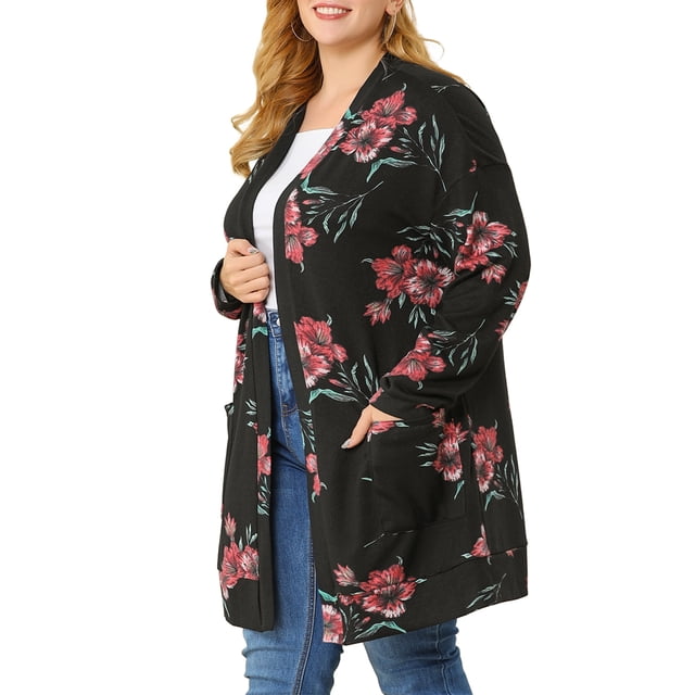 Agnes Orinda Women's Plus Size Duster Floral Sweater Lightweight Cardigan 2X Black
