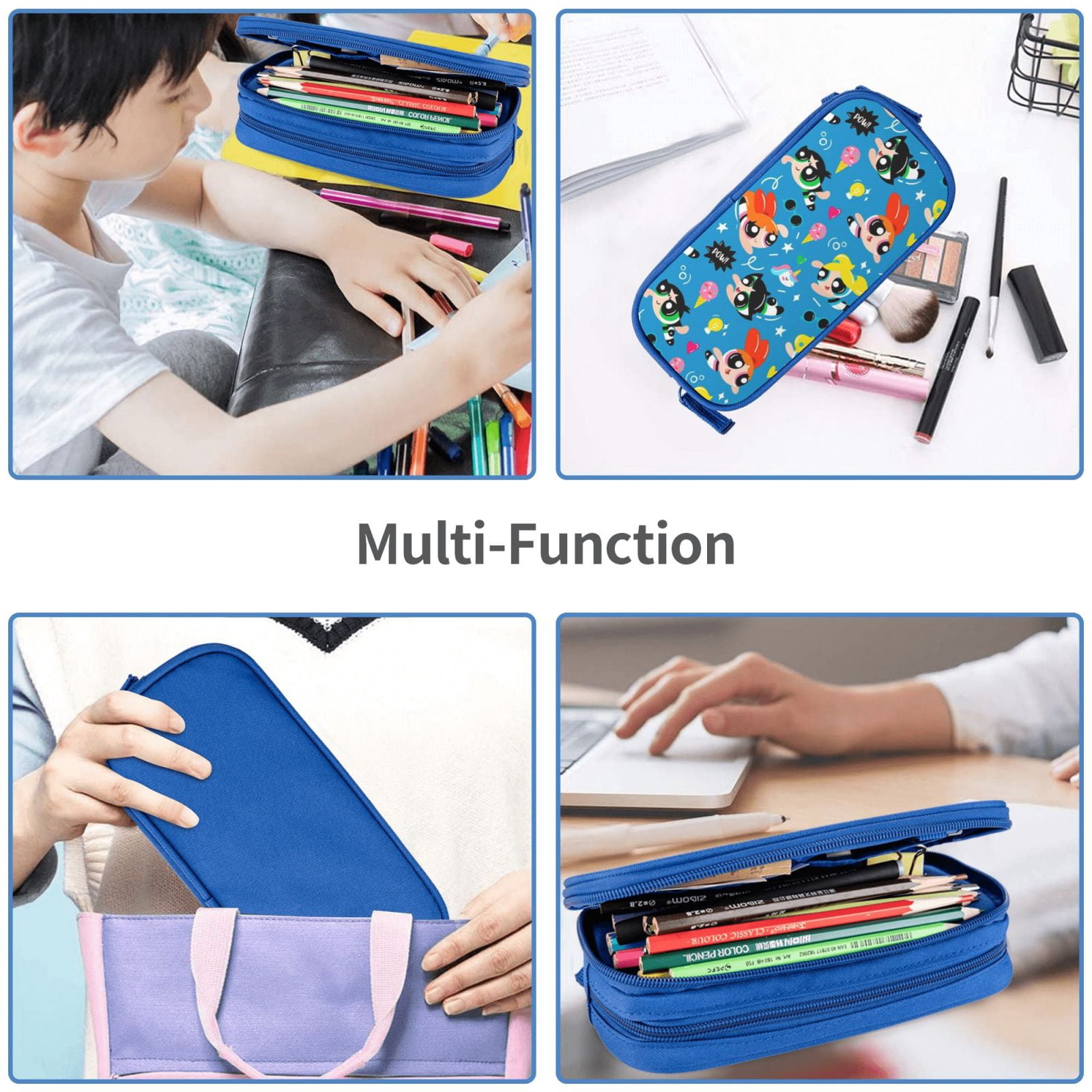 The Powerpuff Gi-rls Pencil Case Large Capacity Pencil Pouch Pen Bag Office Stationery Organizer Travel Makeup Bag Blue