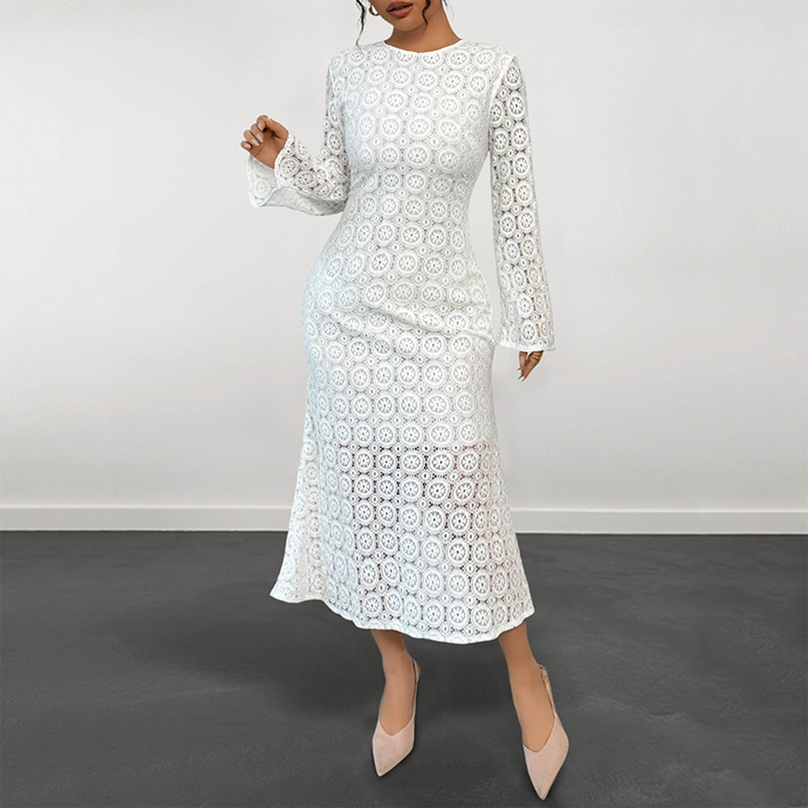 FASESH Women's White Floral Lace Midi Dress Long Sleeve Elegant Evening Gown Party Hollow out Formal Bodycon Midi Dresses White S, Size: Small