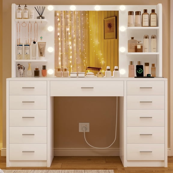 TEENFON Vanity Set with Mirror and Lights, Makeup Vanity with Power Outlet, 11 Drawers, 4 Shelves and 5 Jewel Hooks, Vanity Table For Bedroom, White