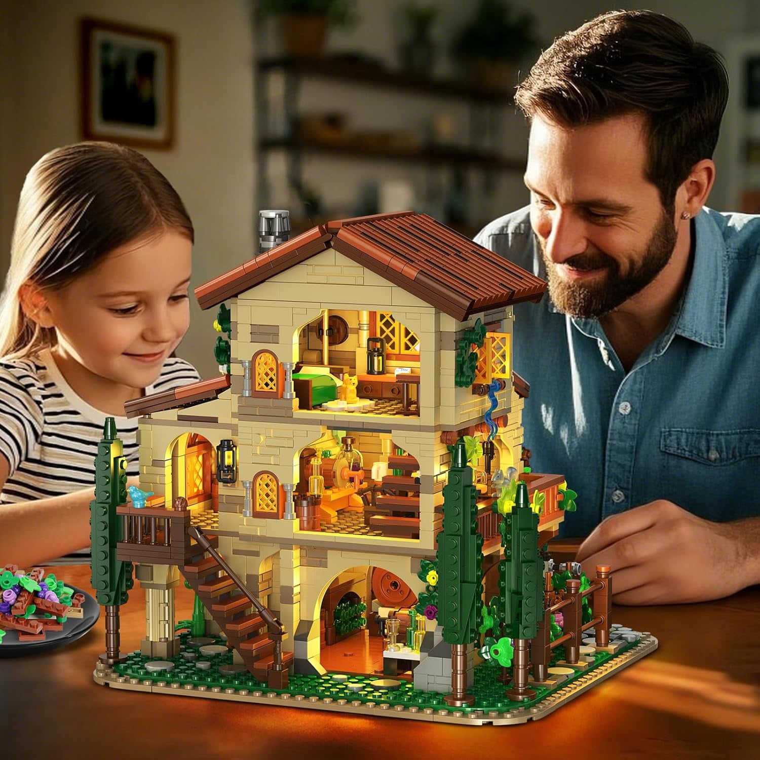 INSOON Building Block House Set with LED Lights, 1826 PCS Vineyard Winery Castle Model Kit, European Style Architecture Building Set Toy for Adults & Teens