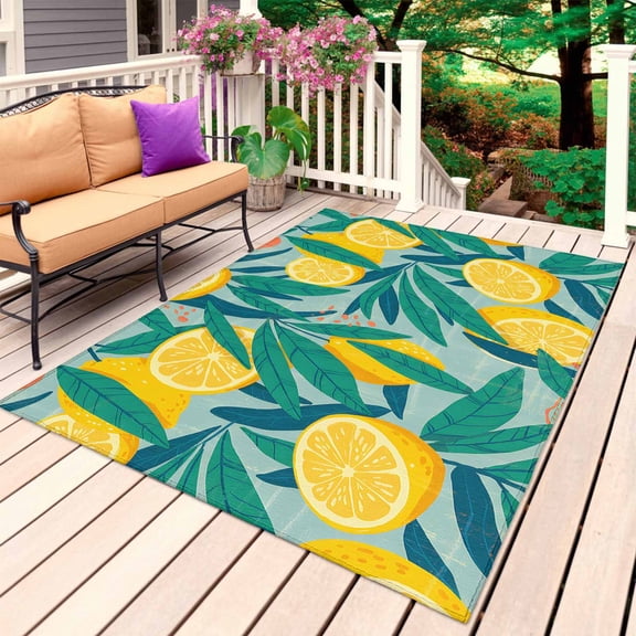 Yellow Lemon Outdoor Rug for Patio/Deck/Porch, Non-Slip Large Area Rug 4 x 6 Ft, Minimalist Tropical Retro Green Palm Leaf Indoor Outdoor Rugs Washable Area Rugs, Reversible Camping Rug Carpet Runner