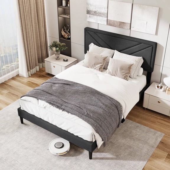 Auranook Full Size Bed Frame with Tufted Headboard & Wooden Slats Easy Assembly