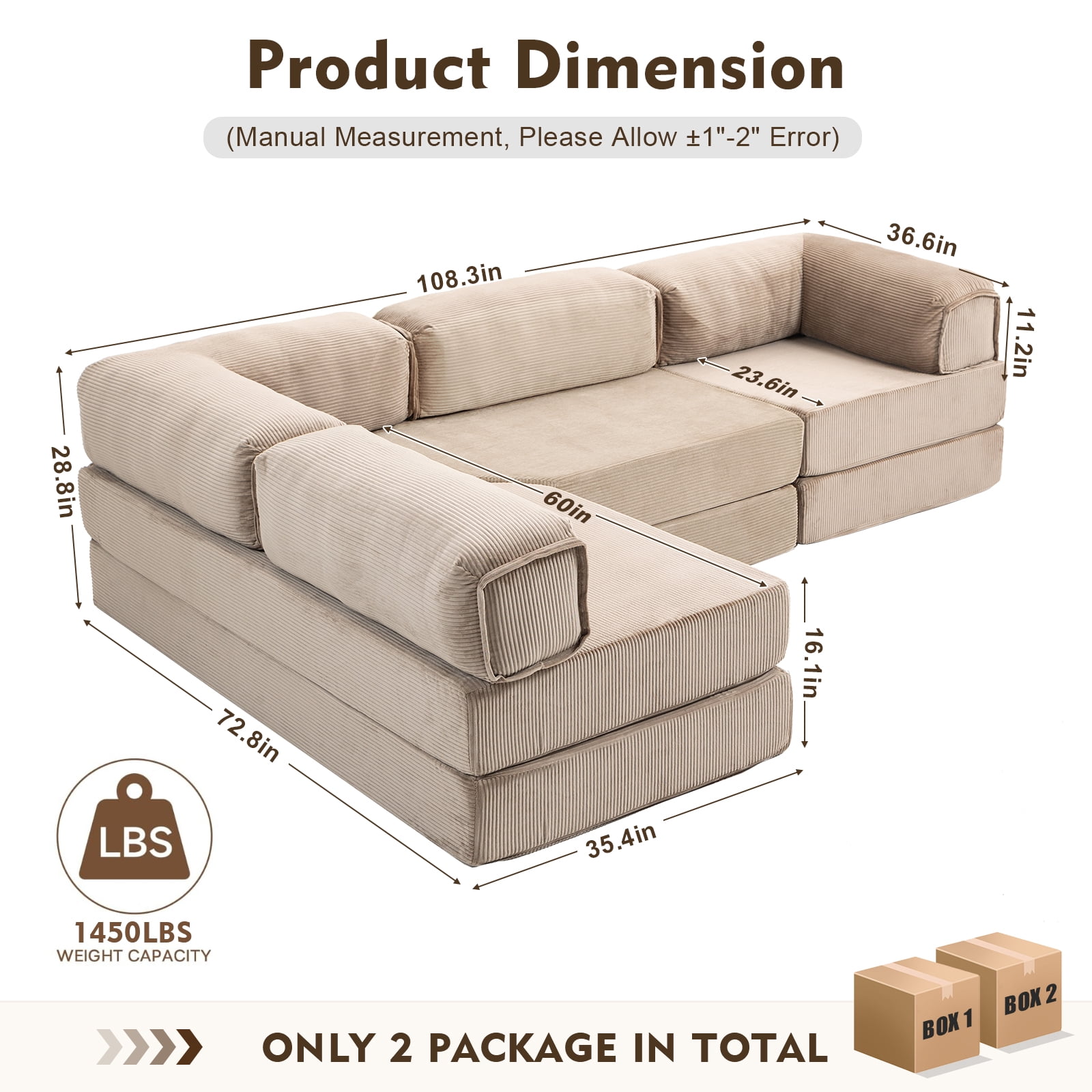 MEISSALIVVE 108" L-Shaped Modular Sectional Sofa with Chaise