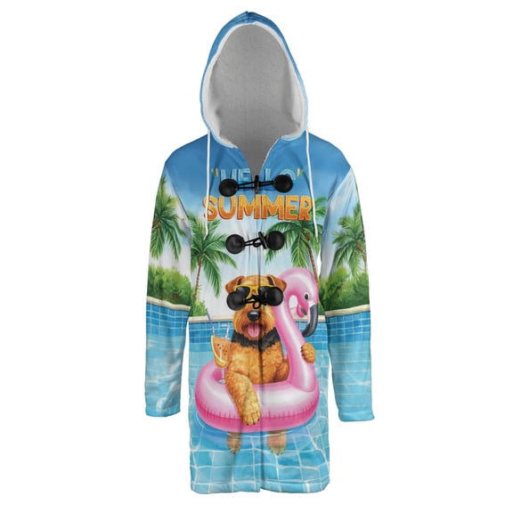 Hello Summer Airedale Terrier at Swimming Pool Flamingo Swim Ring All Over Print 3D Hooded Duffle Toggle Coat Dale Waterside Dog Lover - 12009