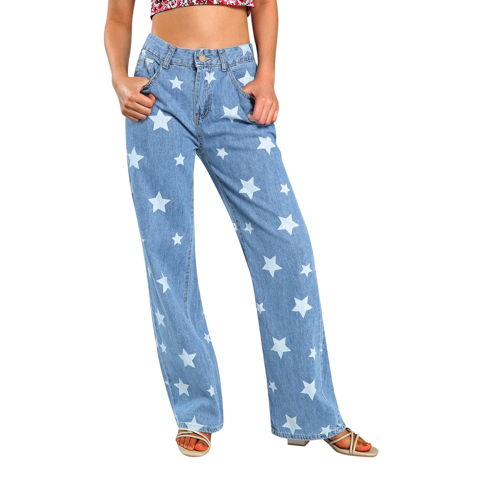 Gueuusu Women Star Print Jeans, Loose 