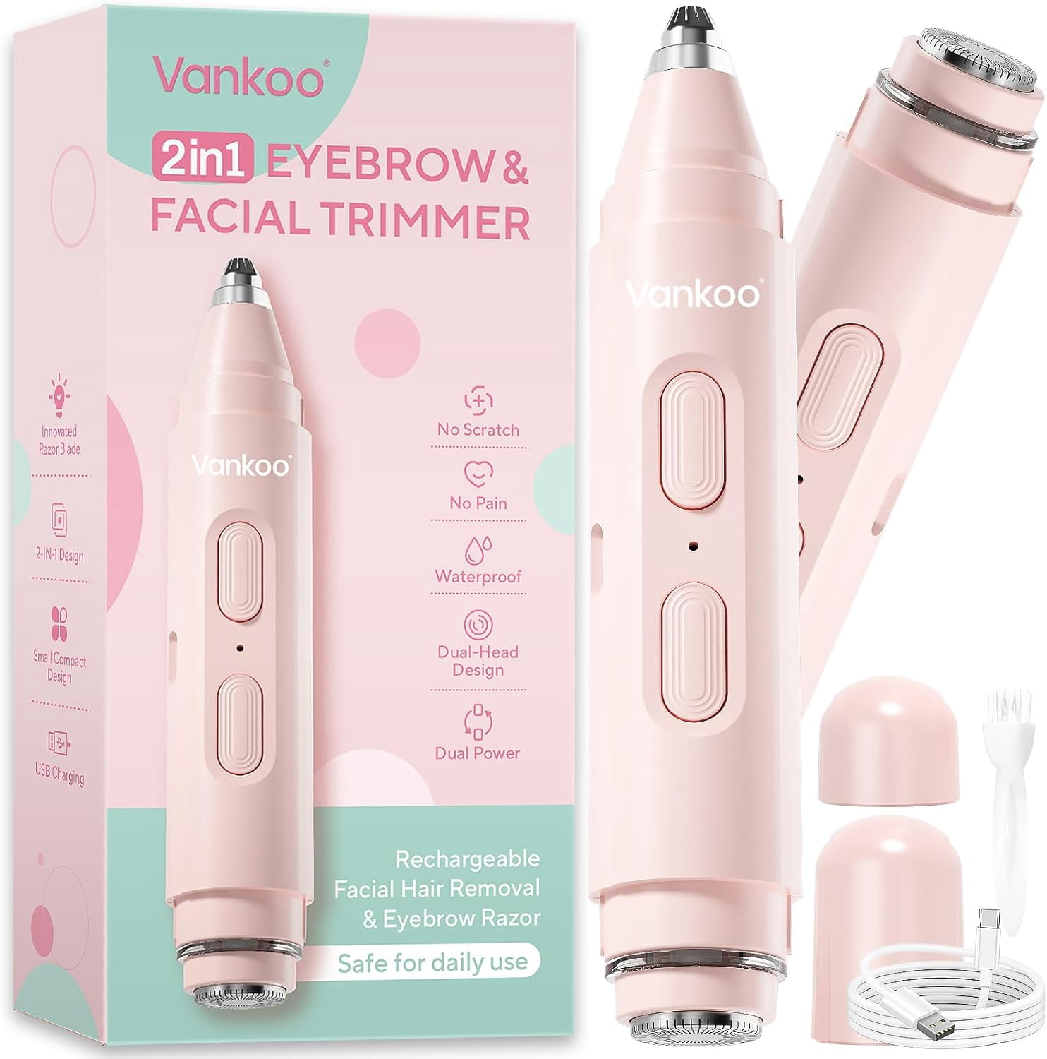 Facial Hair Remover & Eyebrow Trimmer - 2 in 1 Eyebrow & Face Shaver for Women - Rechargeable Face Razors for Women with Built-in LED Lights - Painless Hair Removal for Flawless Skin & Makeup