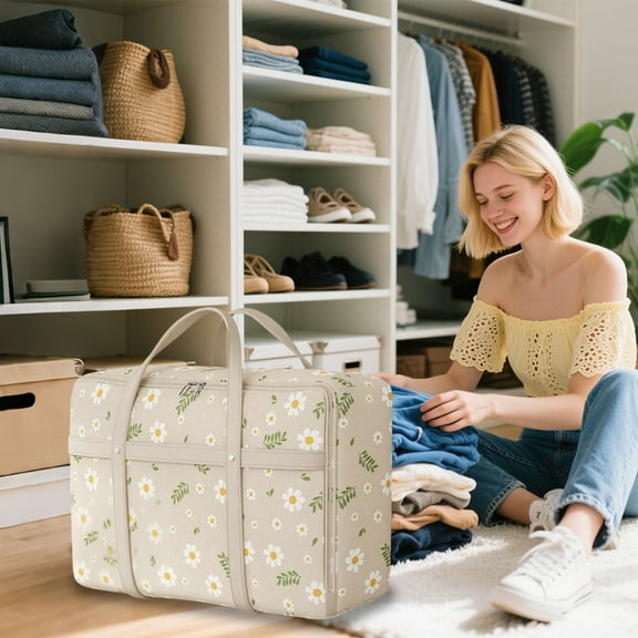 Travel Duffel Bag & Storage Organizer, Large Daisy Print Canvas Tote with Handles, Zipper & Snap Button Straps for Home Closet, Beige Floral(C)