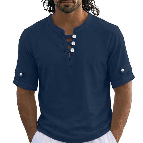 YLSDY Men's Collarless Vacation Shirt, Short Sleeve Button-Down Casual Top, Lightweight for Beach & Travel Navy XL
