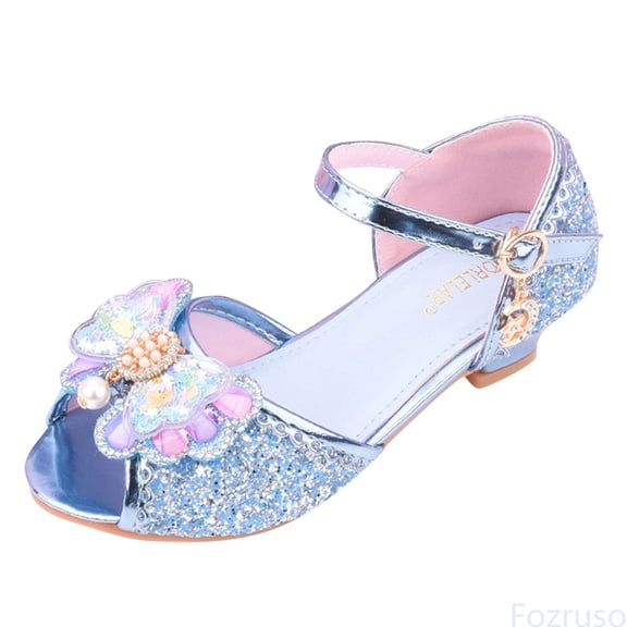 Fozruso Children Shoes With Diamond Shiny Sandals Princess Shoes Bow High Heels Show Princess Shoes,Sizes 11 Little Kid 4.5-5 Years(Blue)