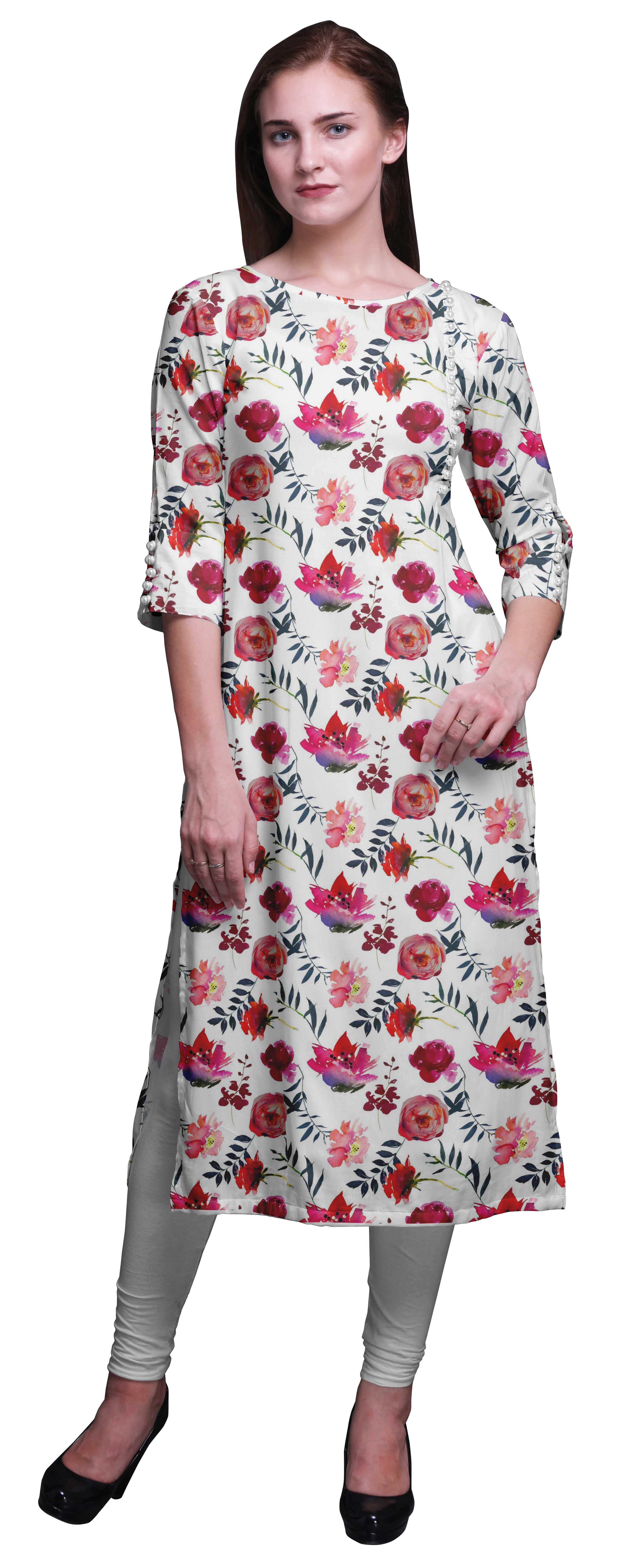 Bimba Women's Long Straight Printed Kurti – 3/4 Sleeve Indian Tunic Dress In Cotton Modal - View #7