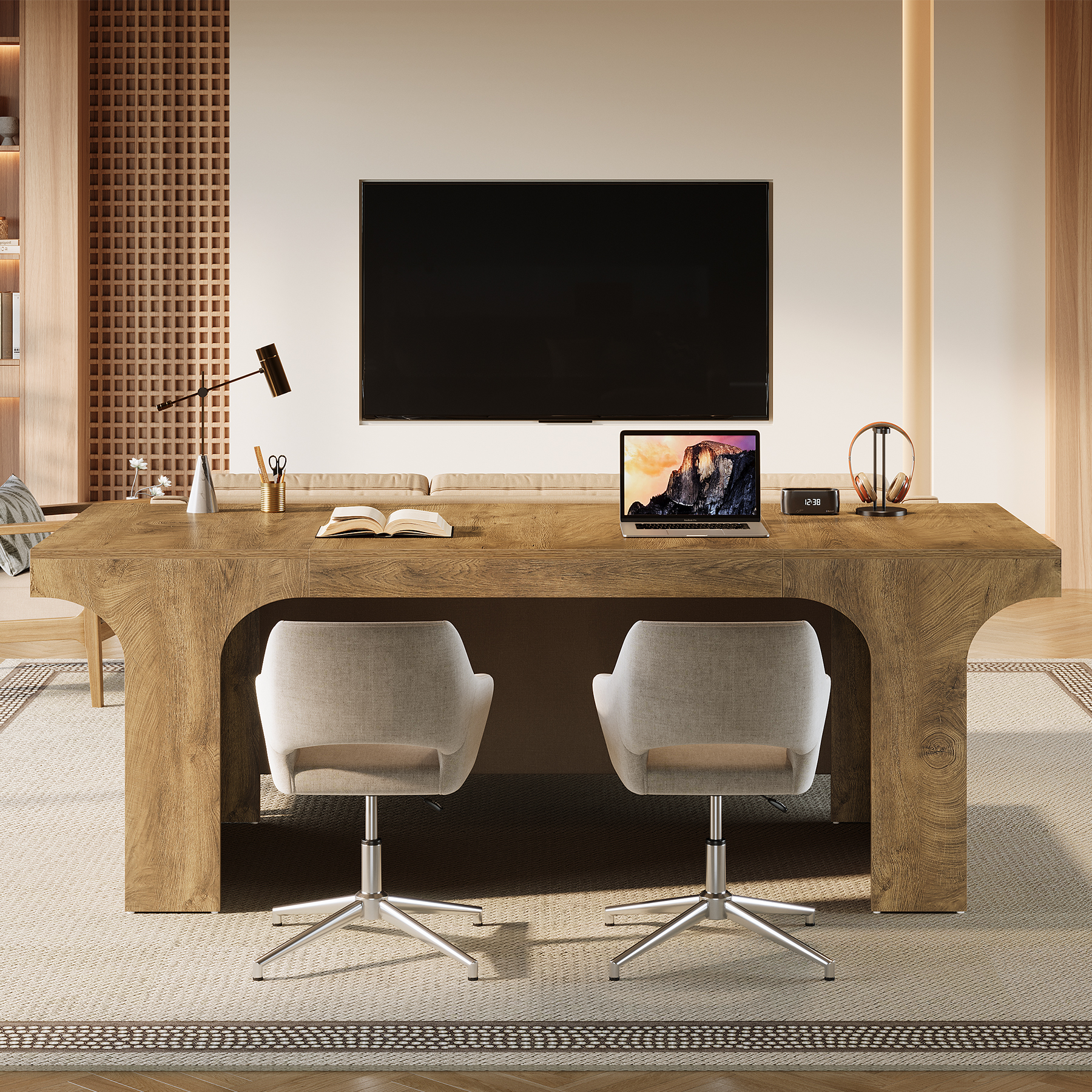 Tribesigns 70.87" Executive Office Desk, Large Workspace Computer Desk, Modern Wooden Table with Arched Design for Home Office, Brown