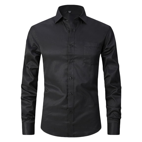 Iugvhana Slim Fit Dress Shirts for Men Long Sleeve Button Down Lapel Shirts Tops Business Casual Cotton Shirts with Pocket Black L