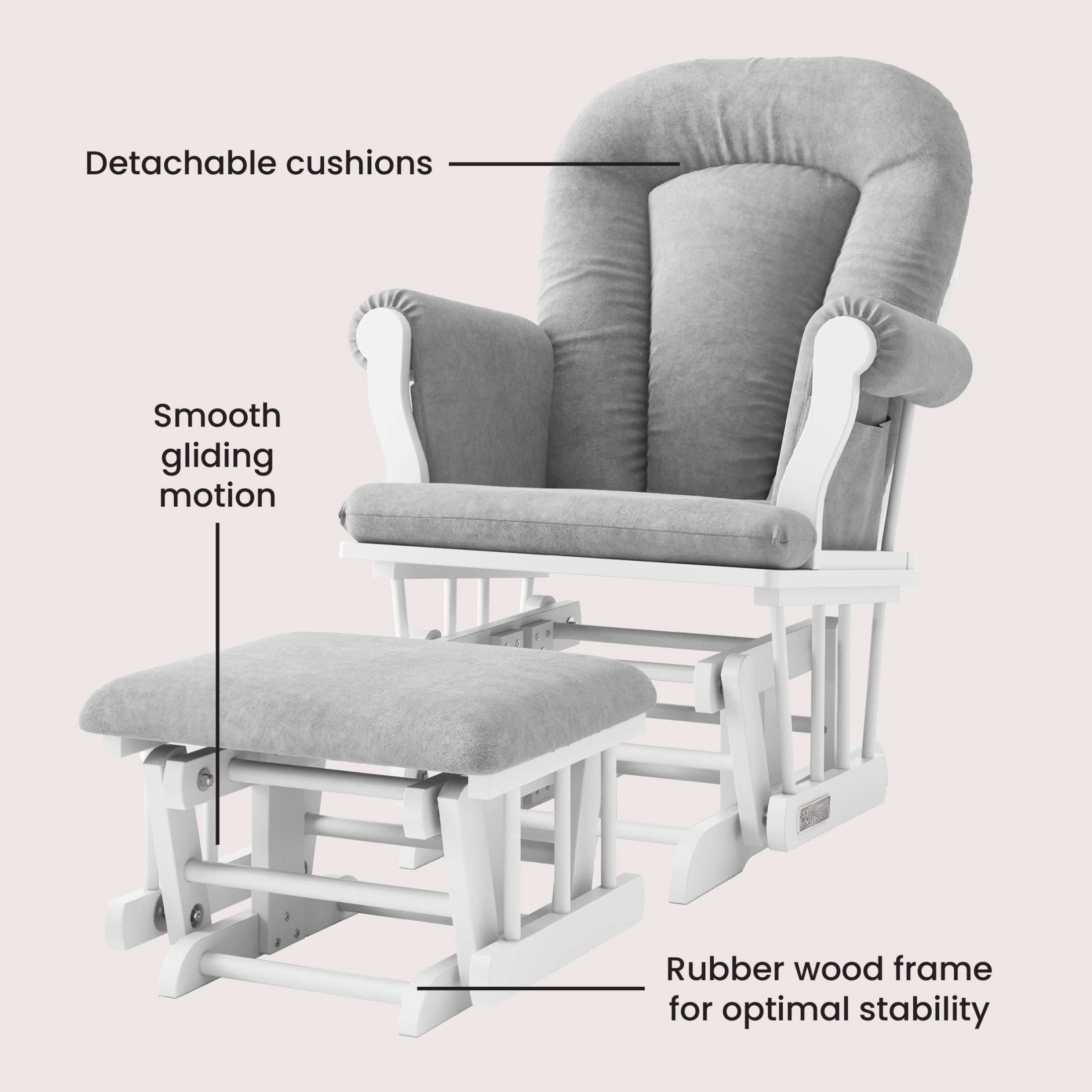 Child Craft Cozy Glider Rocker with Ottoman, Smooth Motion, Matte White Frame, Light Gray Cushion