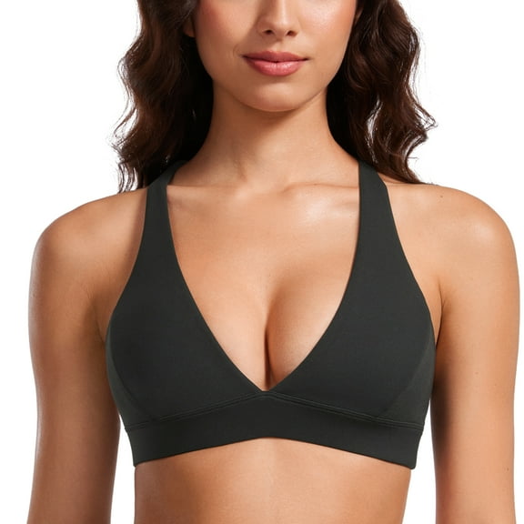 CRZ YOGA Butterluxe Deep V-Neck Sports Bras for Women Criss Cross Padded Top Wireless Yoga Bras
