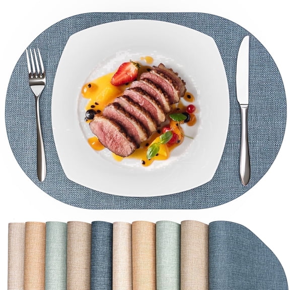 PROMATTOO Placemats Set of 6, Waterproof Heat Resistant Faux Leather Oval Table Mats,Charcoal Blue