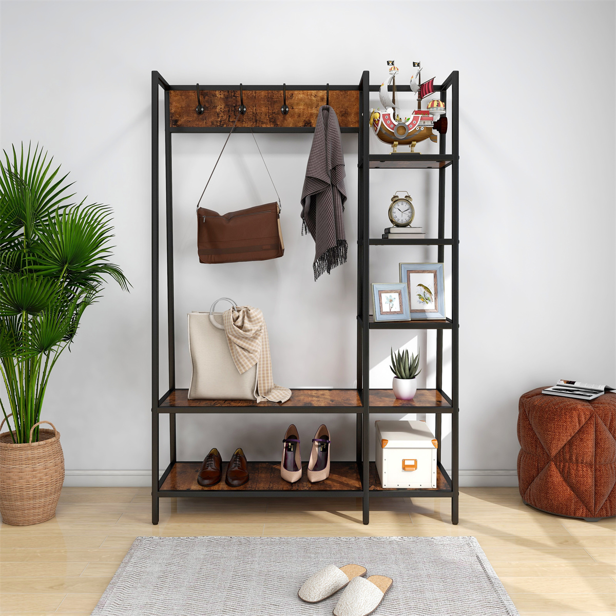 46'' Wide Hall Tree with Bench and Shoe Storage, Coat Rack with 4 Hooks and 5 Side Shelves