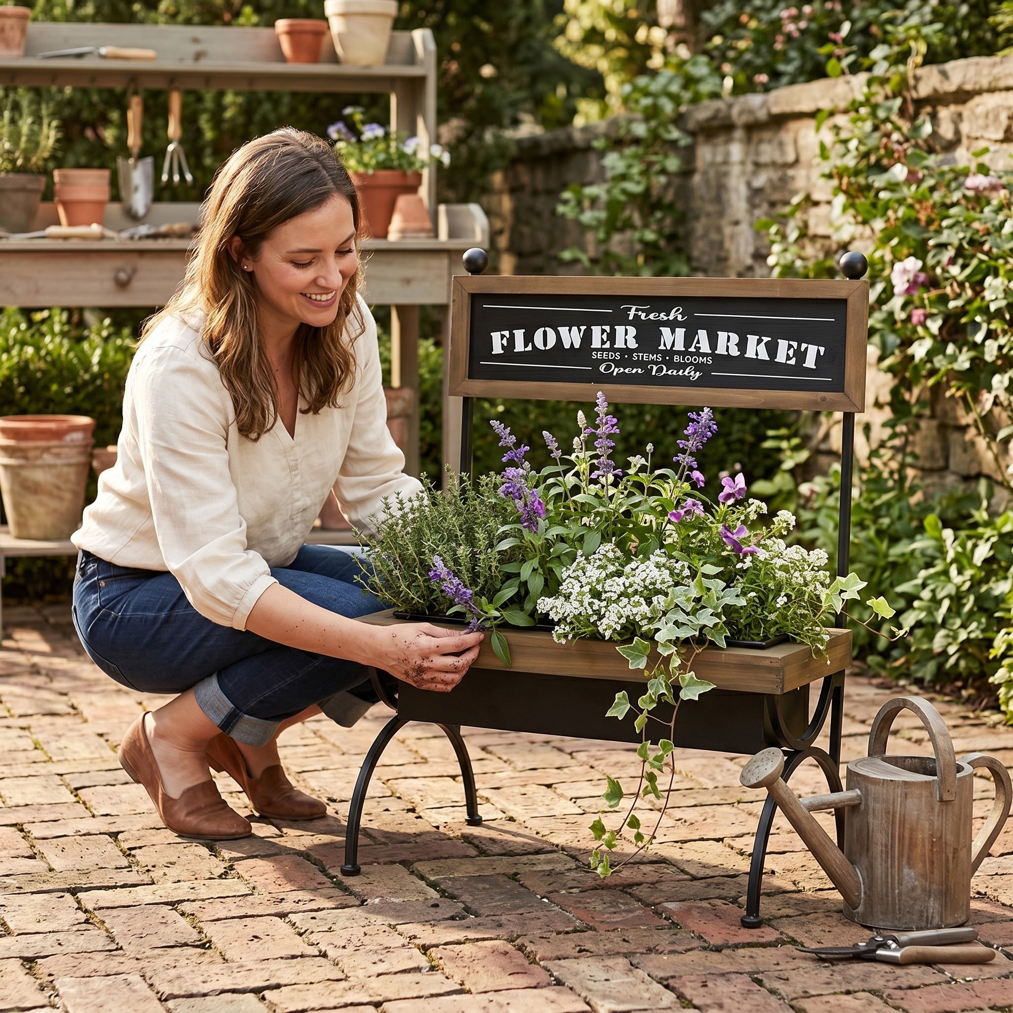 19x11x24" Wooden Planter Stand with Black Iron Frame