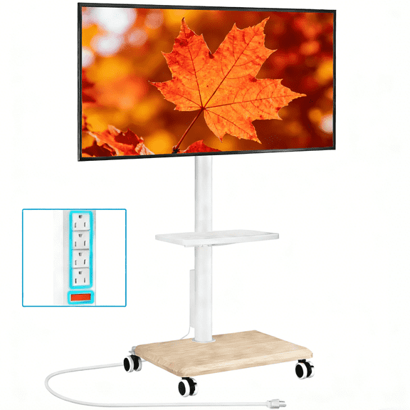 Modern Mobile TV Stand with Wheels for 32-60 Inch Screens, White Rolling TV Stand with Power Outlet