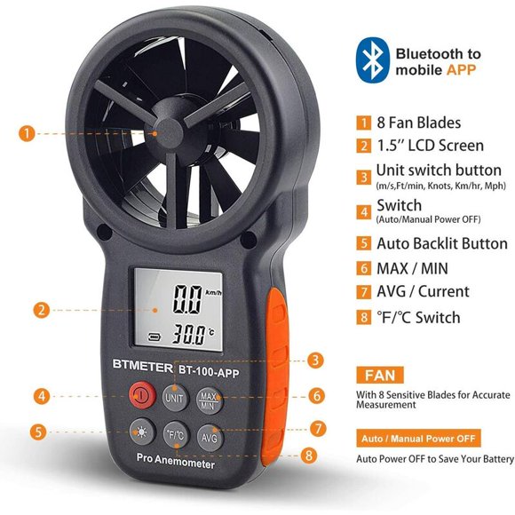 Handheld digital anemometer, bluetooth wireless anemometer, wind chill, speed, temperature monitor BT-100APP
