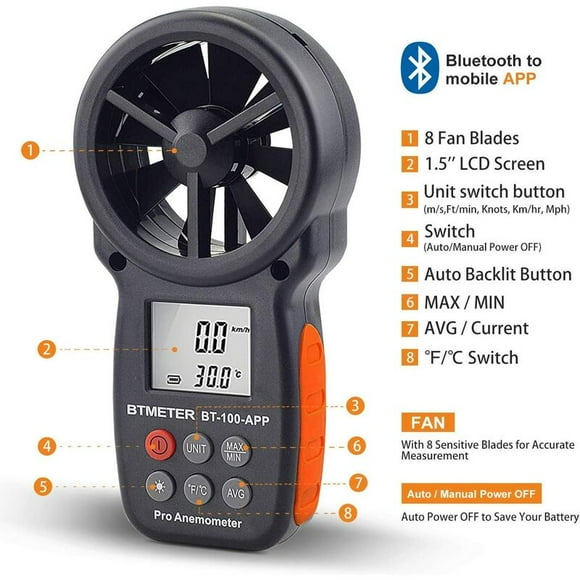 Handheld digital anemometer, bluetooth wireless anemometer, wind chill, speed, temperature monitor BT-100APP