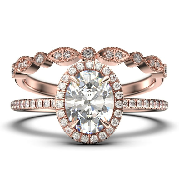 Bridal Ring Set Art Deco 2.25 Carat Oval Cut Diamond Moissanite Engagement Ring, Wedding Ring In 925 Sterling Silver With 18K Rose Gold Plating, Promise Ring, Anniversary Gift