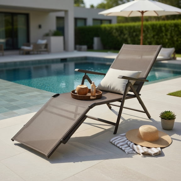 Hommoo Foldable Outdoor Chaise Lounge Chair with Adjustable Backrest & Footrest, Steel Frame for Patio, Poolside & Garden, Brown