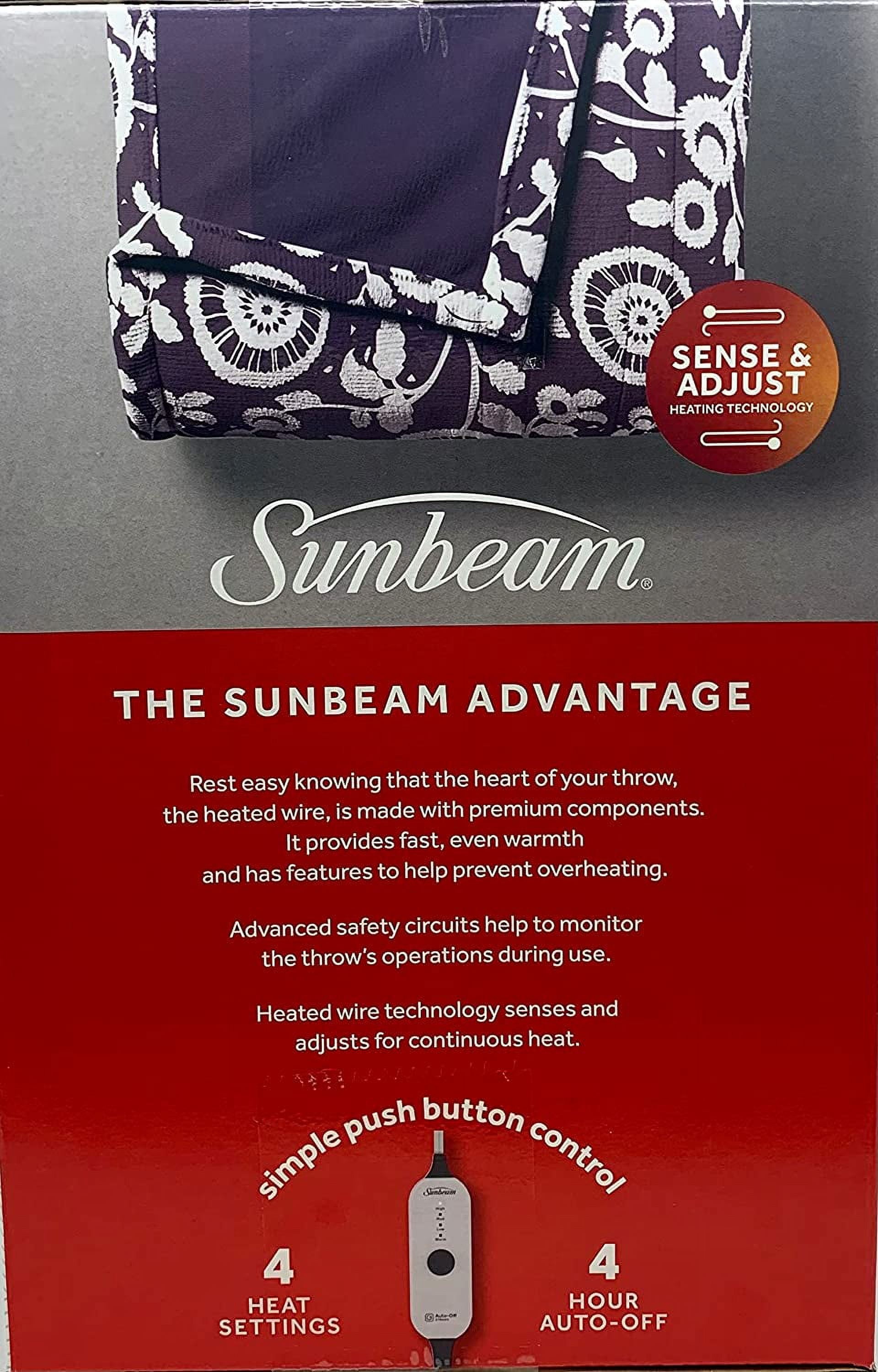 Sunbeam Nordic Premium Electric Heated Throw Blanket with 4 Heat Settings Controller, 4-Hour Auto Shut-Off, Overheat Protection UL Certified (50" x 60") (Purple Floral)
