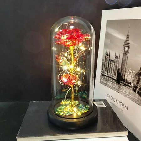 

[Clearance sale!]Valentines Gift Gold Leaf Rose Glass Cover LED Night Light Gold Color Velvet Rose With Lights Strung On The Glass Domes Festival