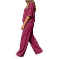 thumbnail image 5 of LEKWK Linen Sets for Women 2 Piece Short Sleeve Crewneck Summer Top and Loose Fit Wide Leg Pants Fashion Solid Lounge Beach Vacation Sets, 5 of 6