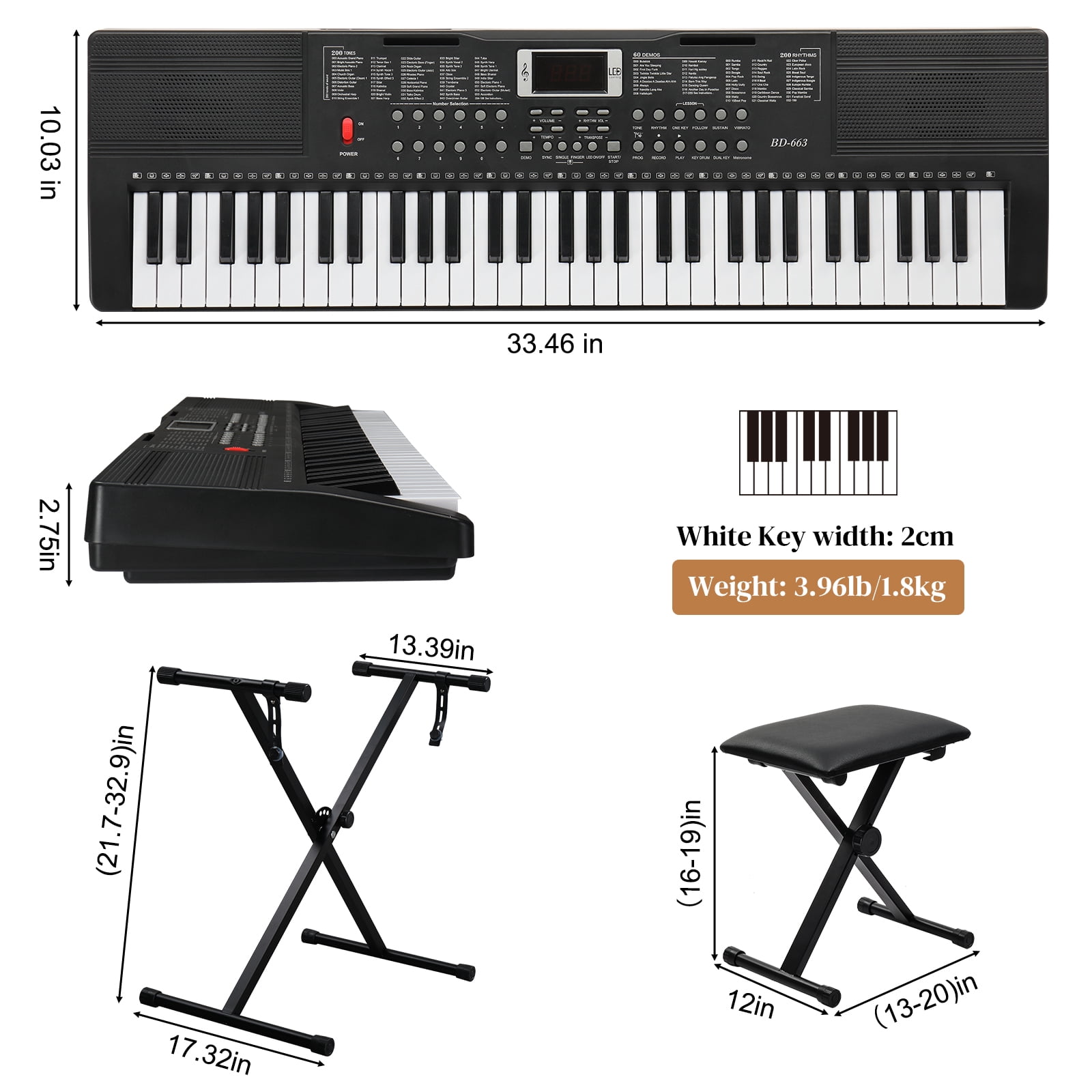 Ktaxon 61 Keys  Keyboard Piano with Lighted Keys, X-Stand, Piano Bench, Black