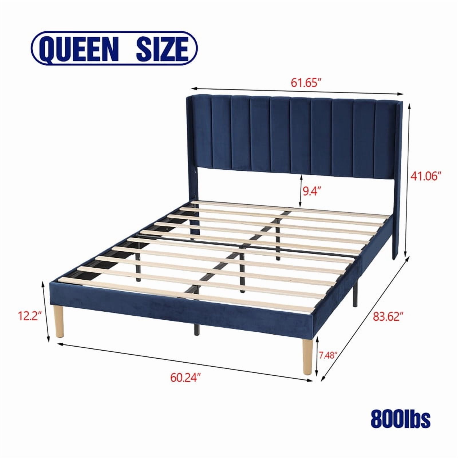 Caxkun Upholstered Platform Queen Size Bed Frame with Wingback headboard Wooden Slats Support,Blue Velvet