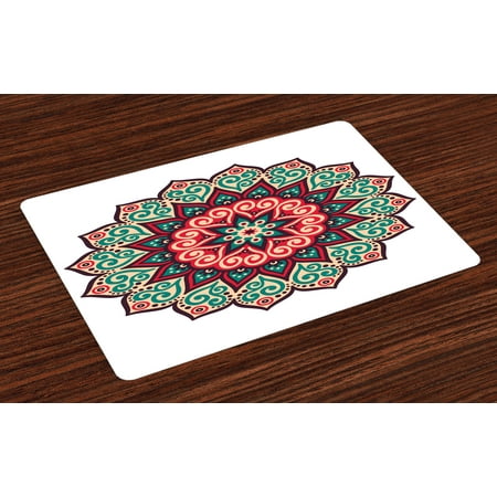 Retro Kitchen Decorations - Asian Placemats Set of 4 Vintage Style Traditional Round Motif with Swirly Floral Details in Retro Colors, Washable Place Mats for Dining Room Kitchen Table Decoration, Multicolor, by Ambesonne
