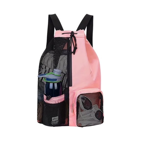 Drawstring Backpack, Mesh Separated Wet Pocket Beach Bag, Portable Waterproof Swim Gym Sack With Water Bottle Holders