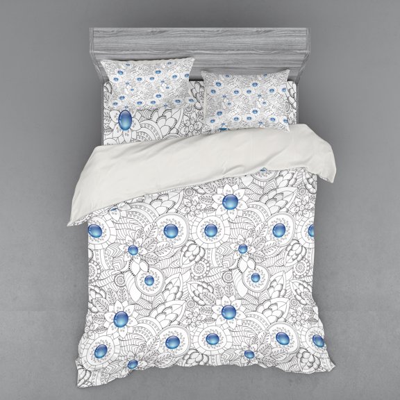 Ambesonne Floral Bedding Set 4 Pcs, Flowers with Blue Dots, Queen, Black White Blue
