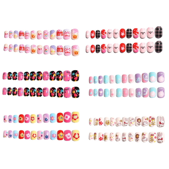 6 juegos de uñas postizas para niñas, uñas postizas cortas de cobertura completa.
