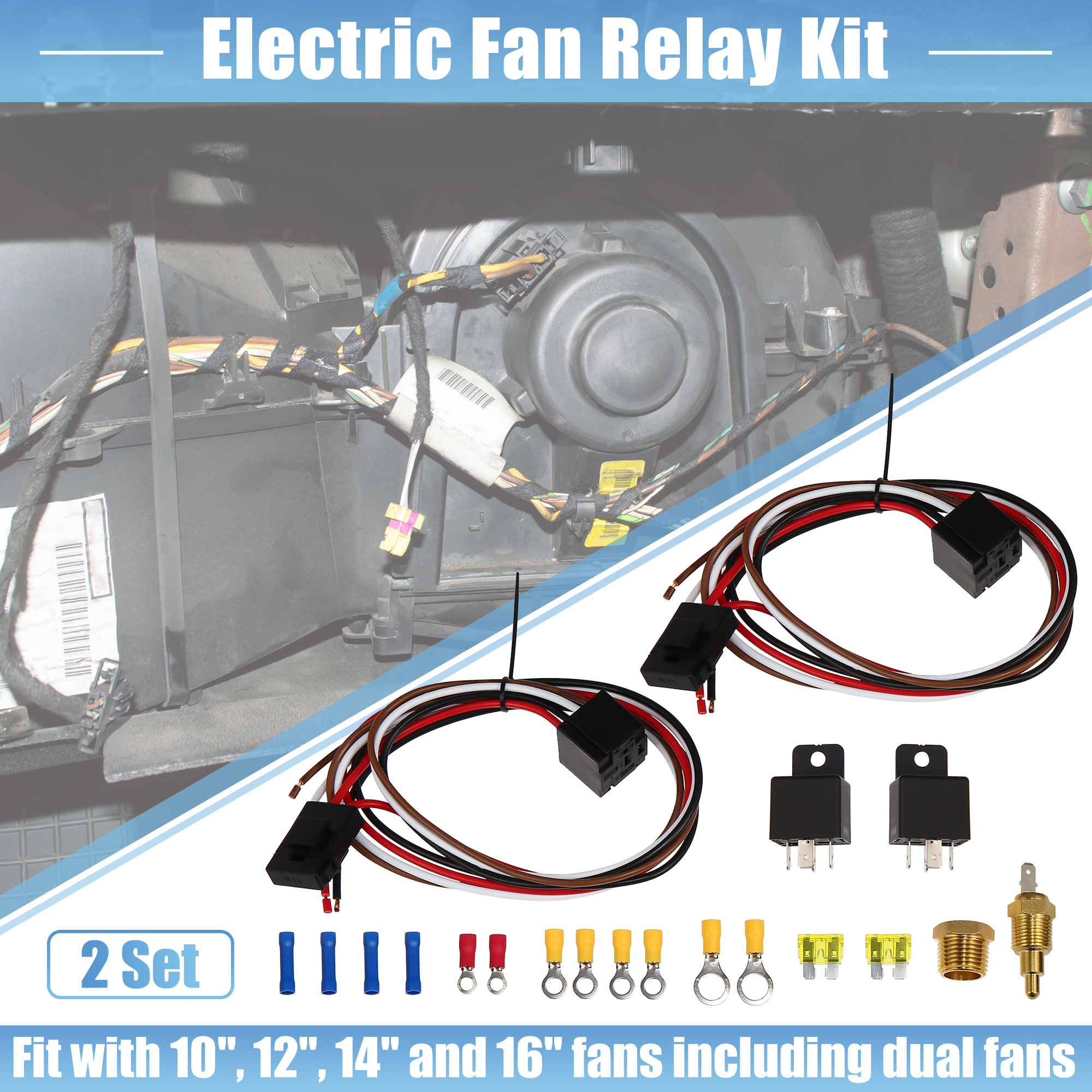 Dual Electric Fan Relay Kit with Thermostatic Sensor Switch 185 on 175 Off  40A Radiator Electric Cooling Fan Wiring Kit